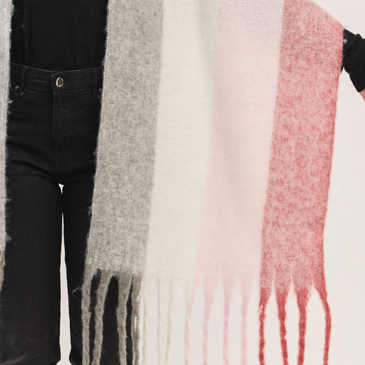 Pink Solid Brushed Color Stripe Block Fringe Scarf