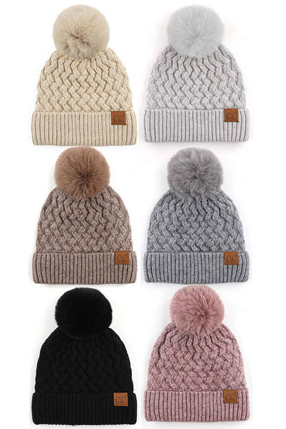Dark Melange Gray Woven Cable Stitch Cuff Soft Pom Beanie Winter Hat: