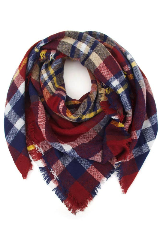 Burgundy Oversize Plaid Check Pattern Winter Scarf