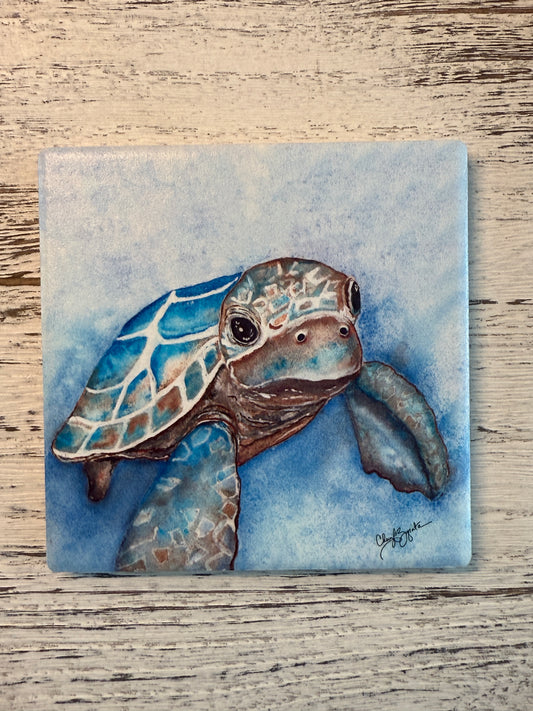 Baby Turtle Drift Square Ceramic Coaster by Cheryl Zapata Art