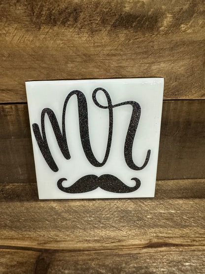 Mr. & Mrs. Black (w/glitter) & White Tile Coaster