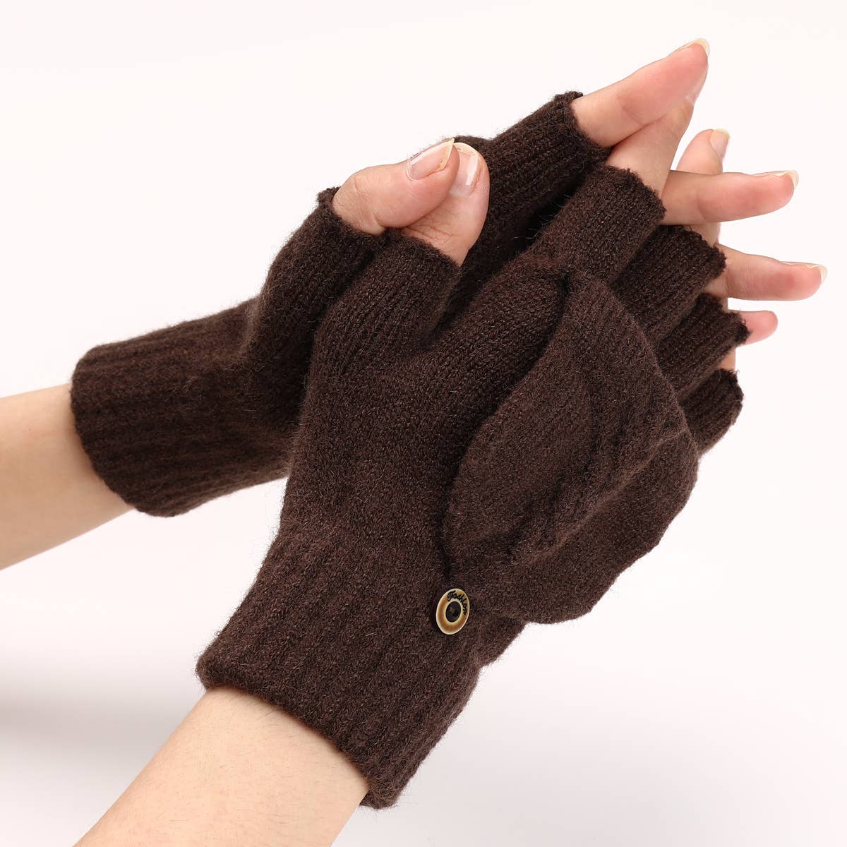 Gray, M Cable Knit Flap Half-Finger Warm Gloves