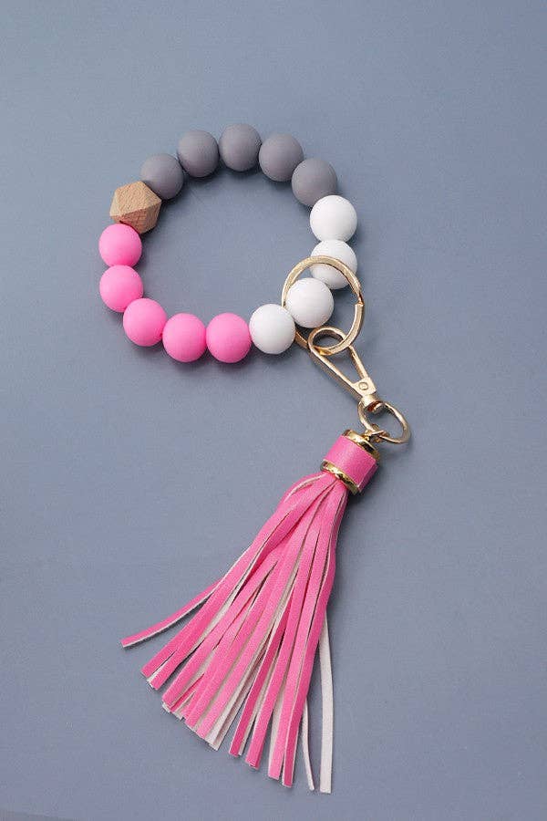 Hot Pink Silicone Bead Bracelet Key Holder w/Tassel