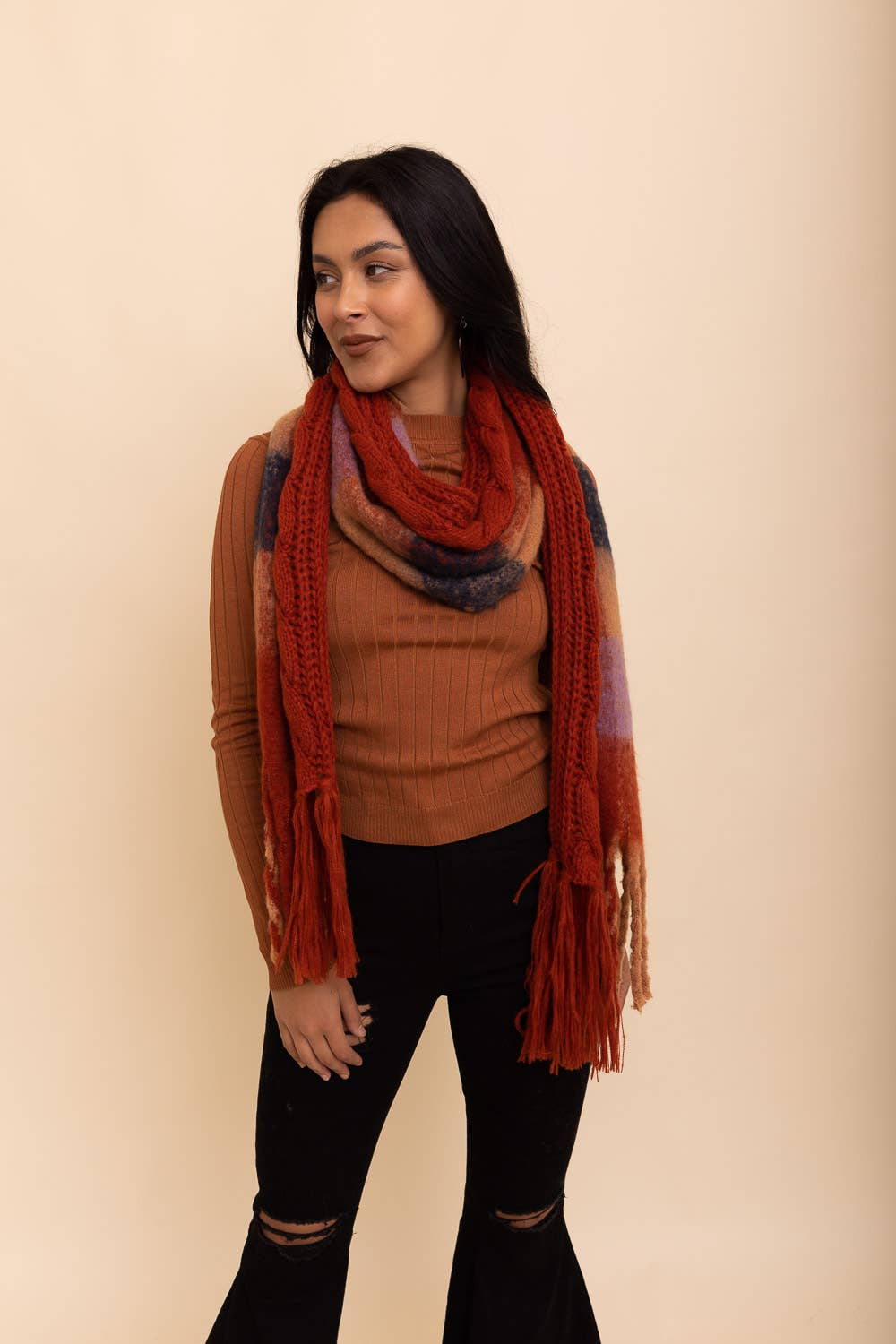 Cozy Knit Dual Textured Scarf w/ Tassels