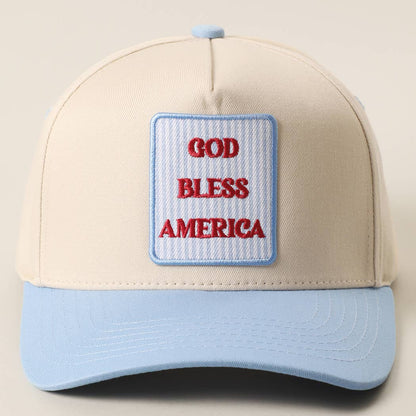 Sky Blue GOD BLESS AMERICA Embroidered Patch Two Tone Trucker Hat: ONE SIZE