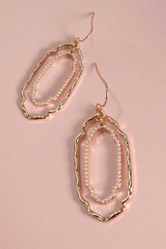 Two Oval Shape Pearl Hammered Drop Earrings, Gold