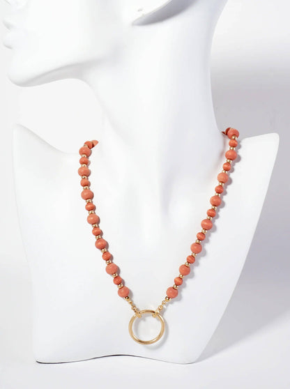 Metal Circle Pendant Color-Coated Wood-Beaded Chain Necklace: Coral