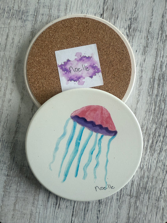 Pink Jellyfish Round Ceramic Coaster by Noelle