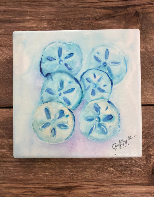 Multi Sanddollars Square Ceramic Coaster by Cheryl Zapata Art
