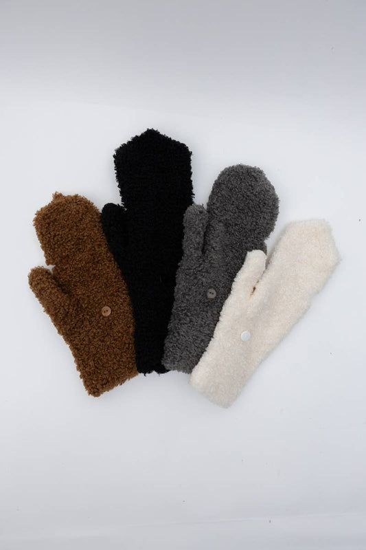 Winter Mittens - Foldable Texting Gloves with Sherpa Fleece: Gray