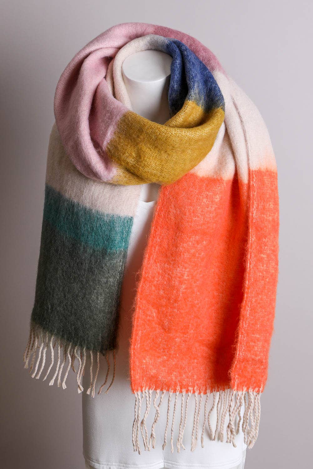 Green/Orange Winter Color Block Faux Mohair Scarf