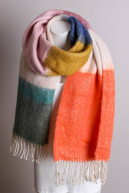 Green/Orange Winter Color Block Faux Mohair Scarf