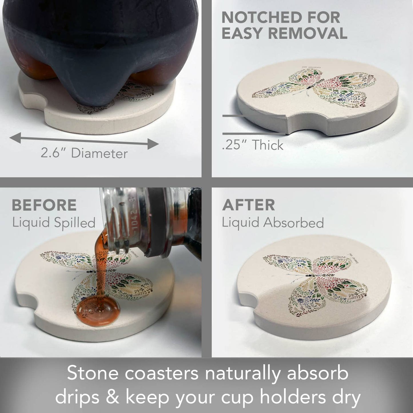 "Nature Butterfly" Absorbent Stone Car Coaster 1pk