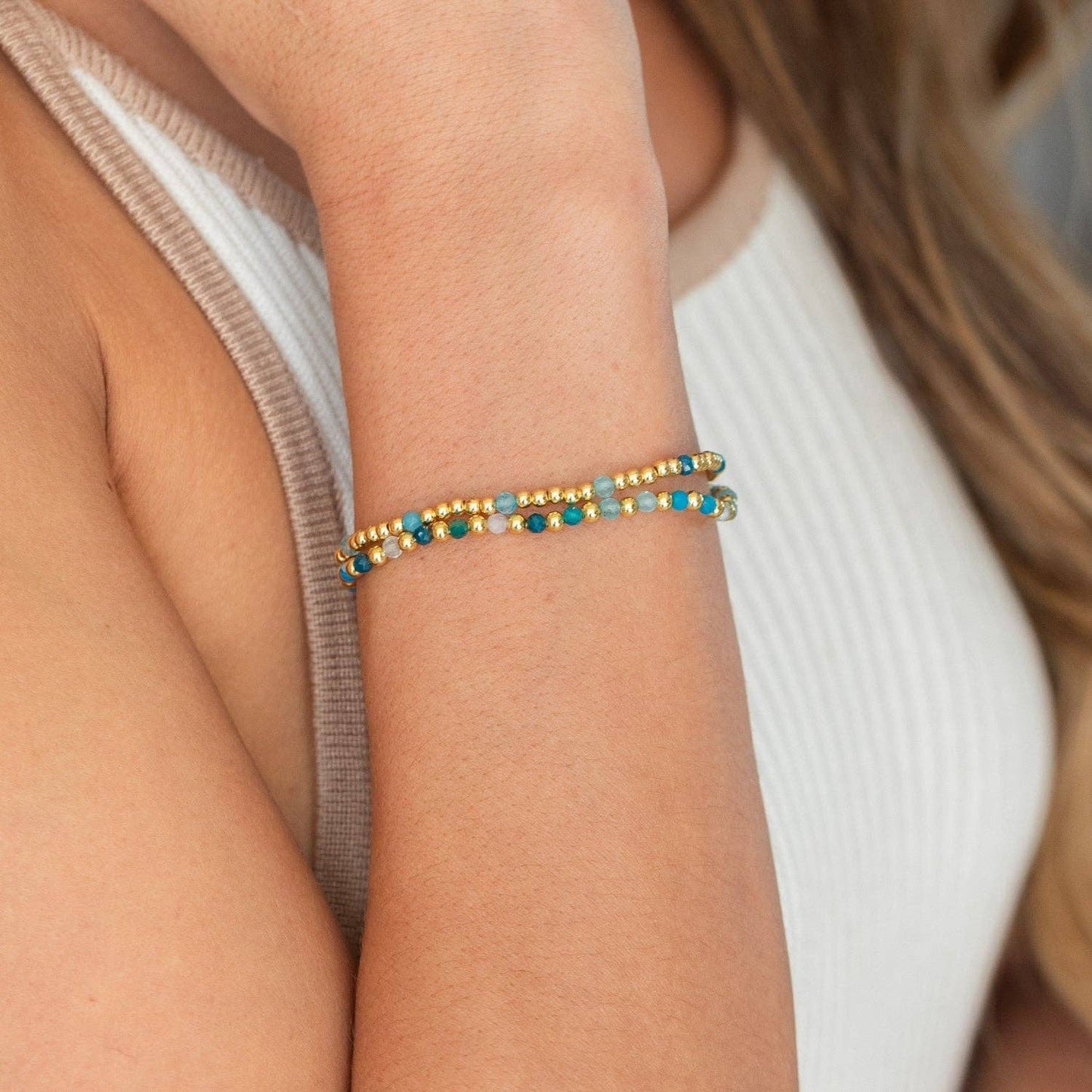 Teal: Set/2, 3Mm Bead And Stone Stretch Bracelets