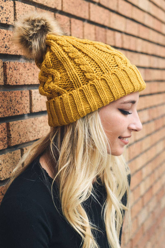 Mustard Fur Pom Knit Beanie