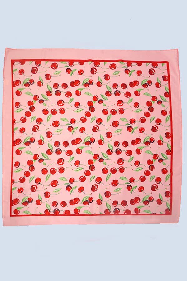 Pink Cherry Print Silky Feel Bandana Scarf
