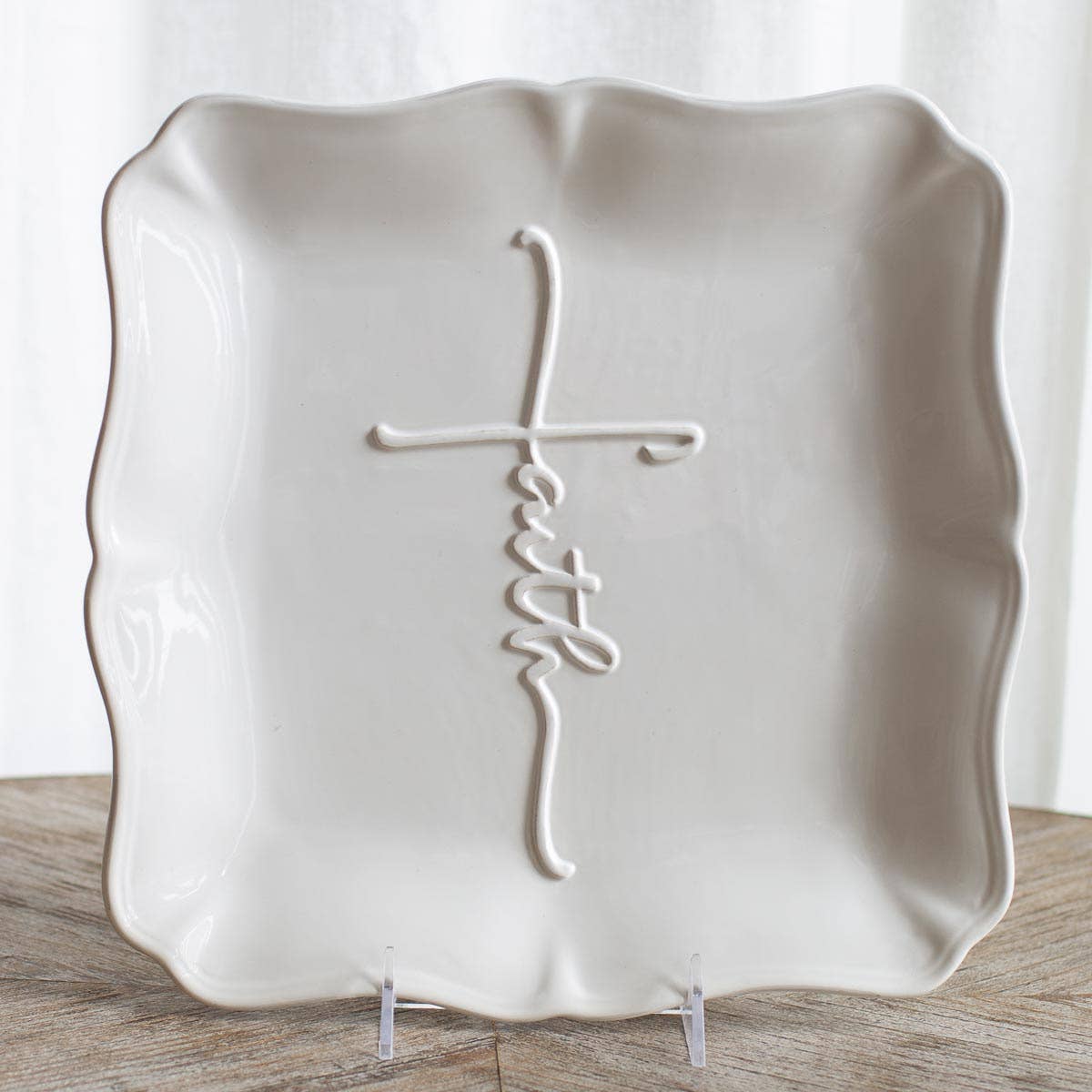 Faith Embossed Square Platter   White   11.5x11.5