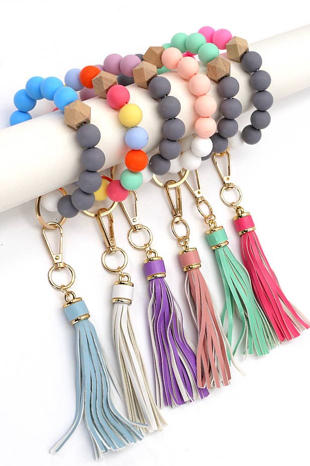 Peachy Pink Silicone Bead Bracelet Key Holder w/Tassel