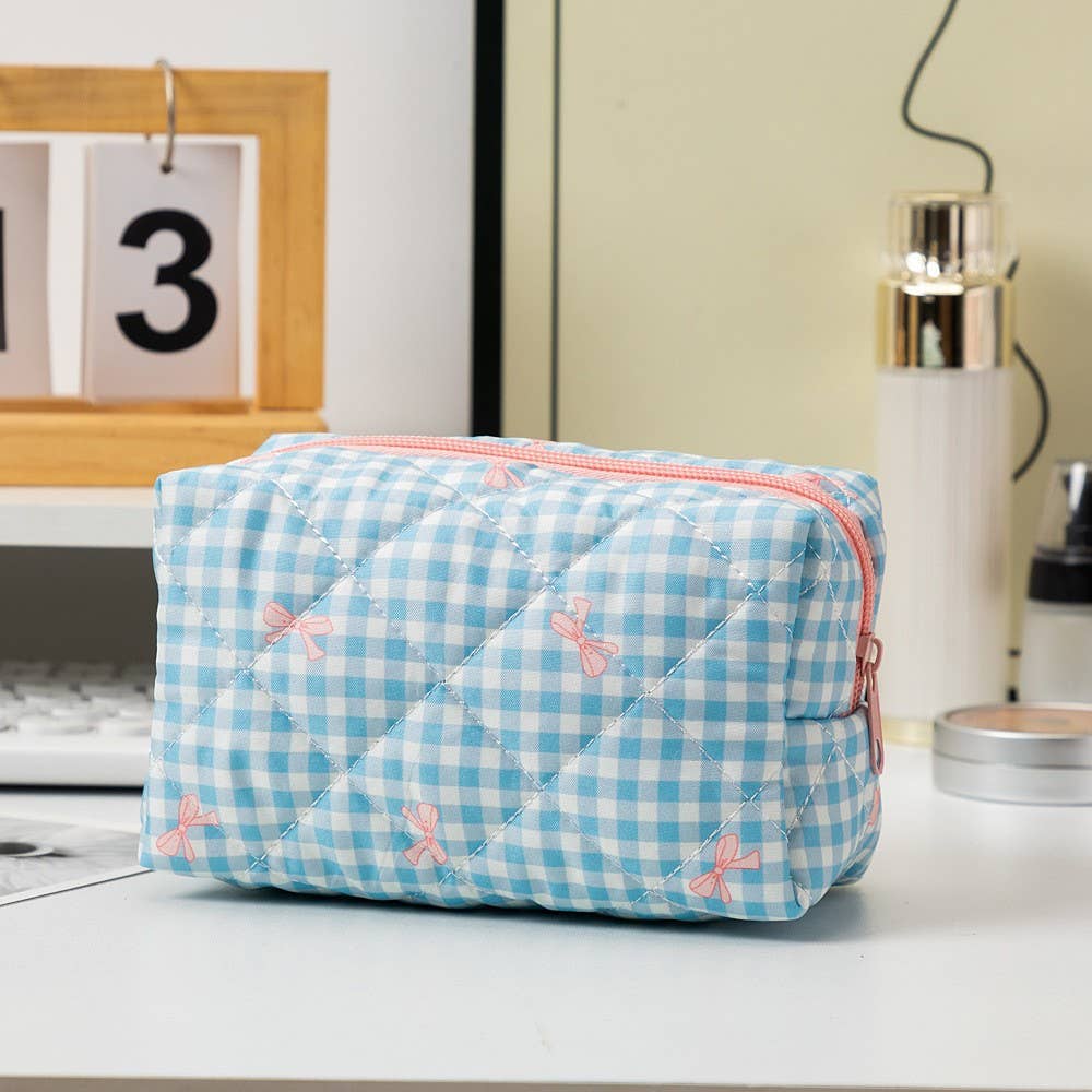 Quilted Cotton Bow Cosmetic Pouch Bag