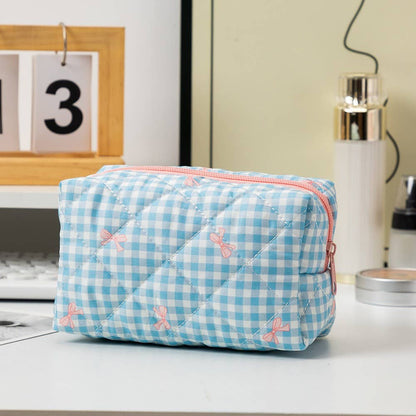 Quilted Cotton Bow Cosmetic Pouch Bag