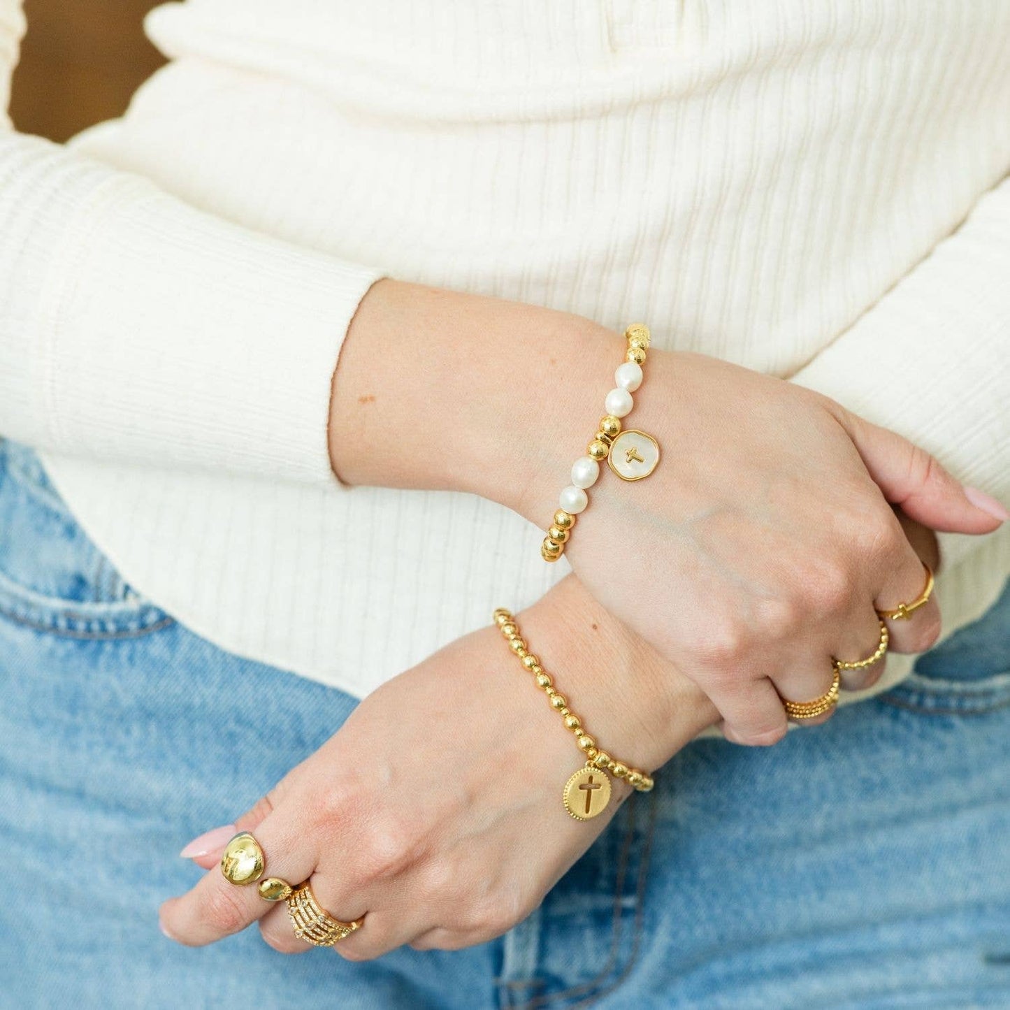 Cross + Pearls Stretch Charm Bracelet