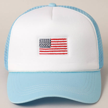 LIGHT BLUE / ONE SIZE American Flag Embroidered 2-Tone Foam Trucker Hat: