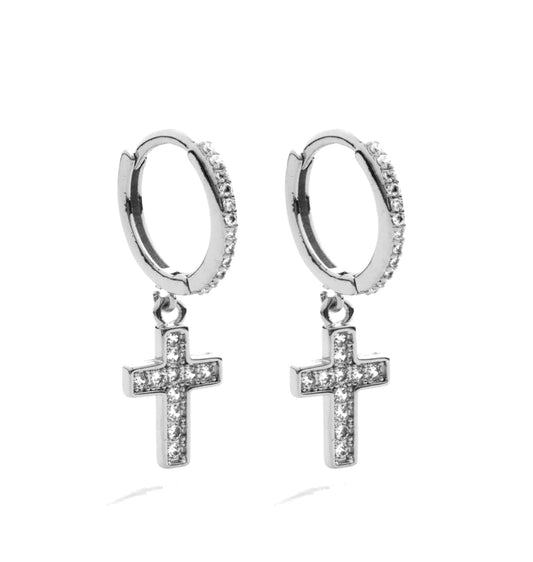 Silver Cross Pave Huggie Earrings in Gold