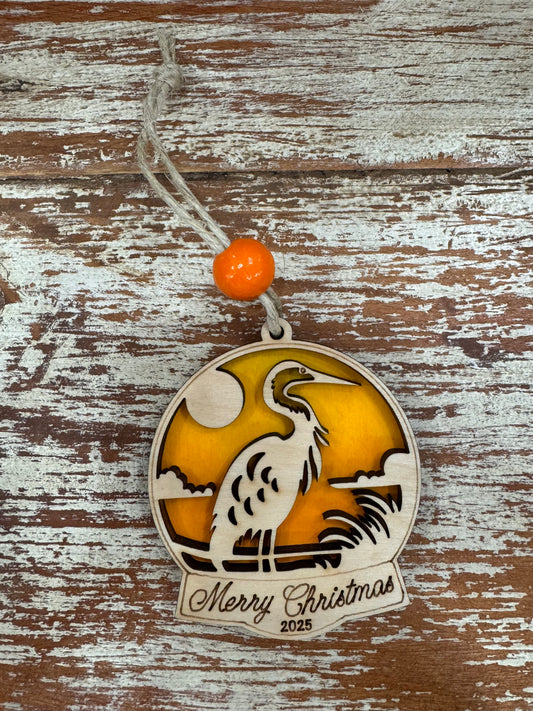 Layered Heron Merry Christmas 2025 Ornament