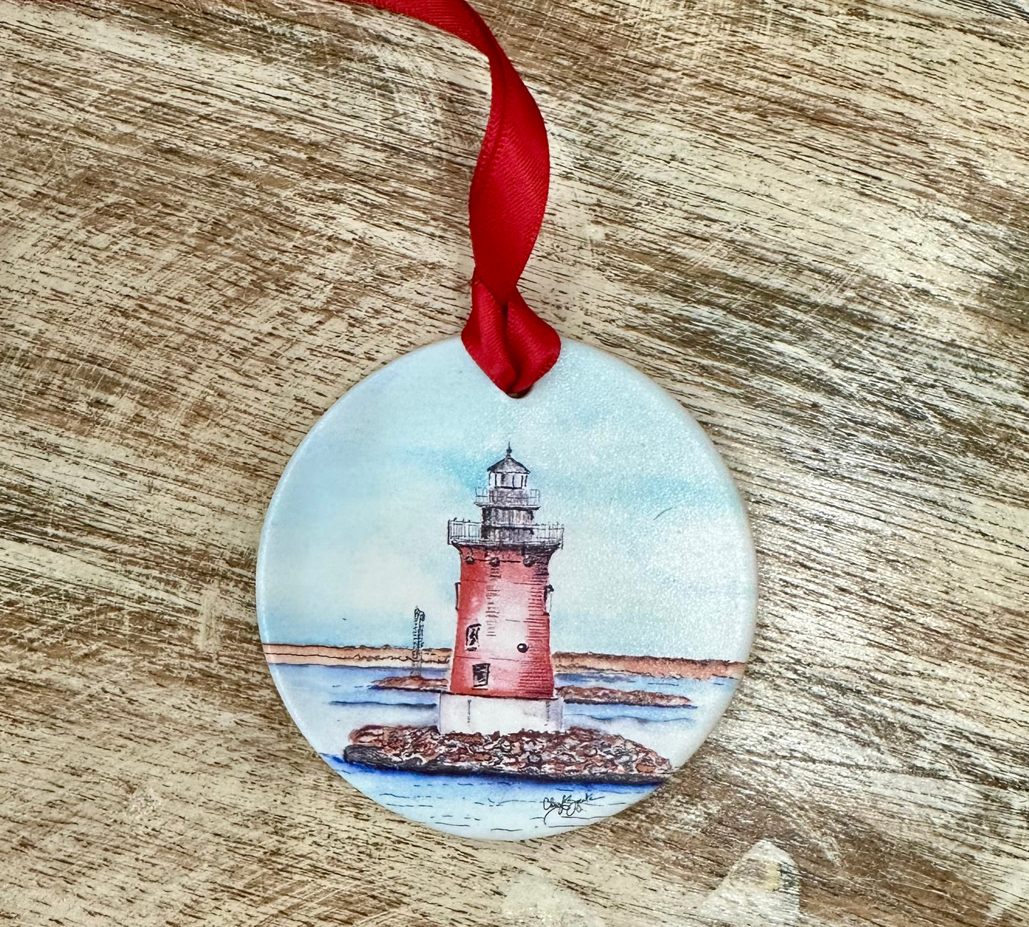 Lewes Lighthouse Round Ornament by Cheryl Zapata Art