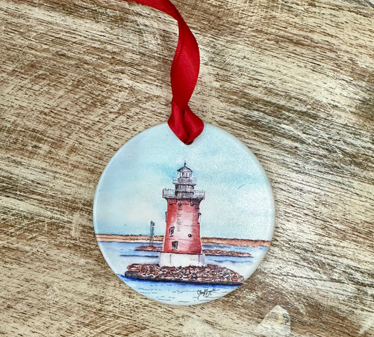 Lewes Lighthouse Round Ornament by Cheryl Zapata Art