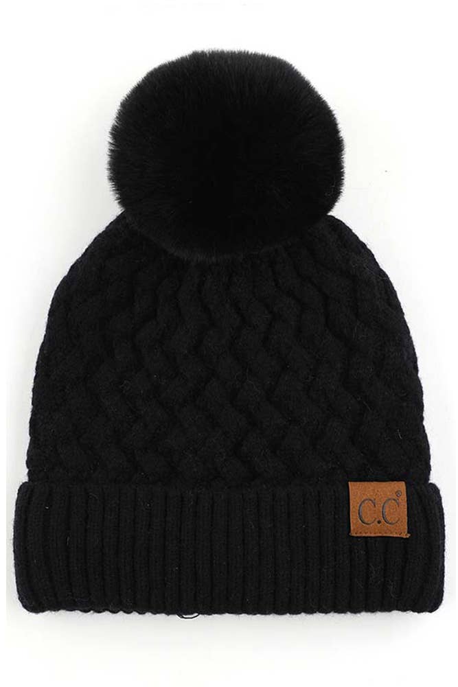 Dark Melange Gray Woven Cable Stitch Cuff Soft Pom Beanie Winter Hat: