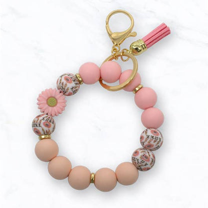 Beaded Daisy Flower Bracelet Keychain: Purple