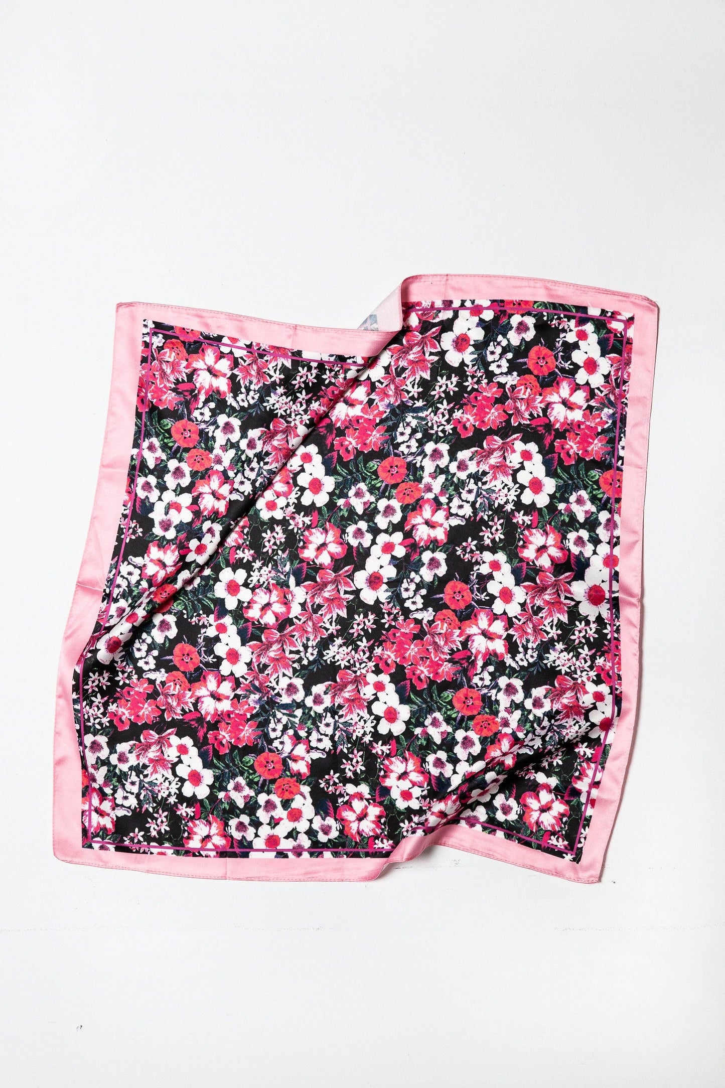 Pink Flower Print Silky Feel Bandana Scarf