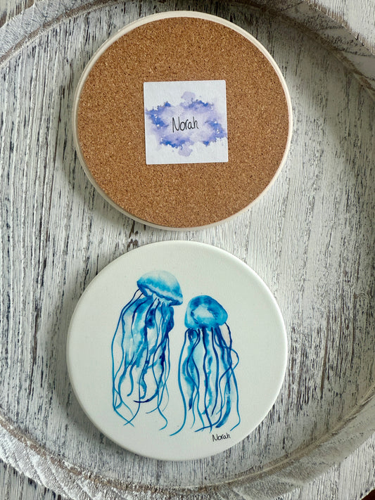 Blue Jellyfish Round Ceramic Coaster by Norah Marie