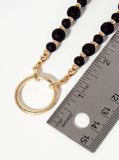 Metal Circle Pendant Color-Coated Wood-Beaded Chain Necklace: Coral