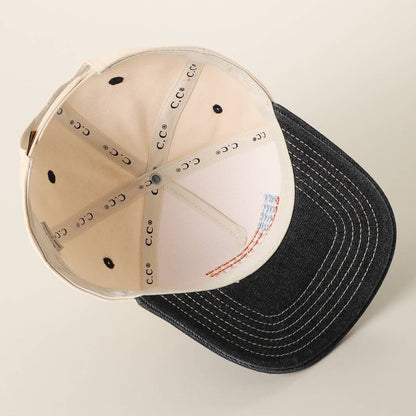 Blk. Denim Floral American Flag Embroidered Two-Tone Denim Trucker Hat ONE SIZE