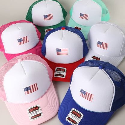 MINT/WHITE/MINT / One Size, USA FLAG Mesh Back Foam Trucker Hat