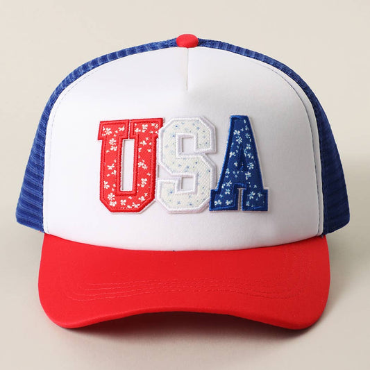 USA Floral Letter Patch Trucker Baseball Cap: WHITE/RED/BLUE