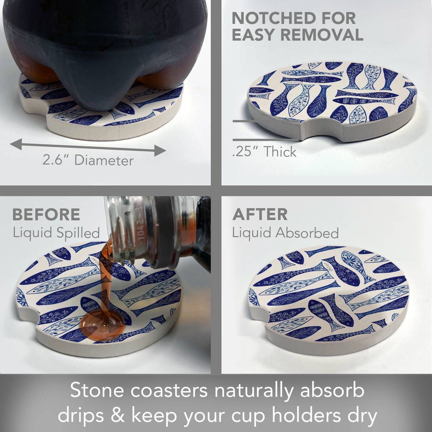 "Blue Fish" Absorbent Stone Car Coaster 1pk