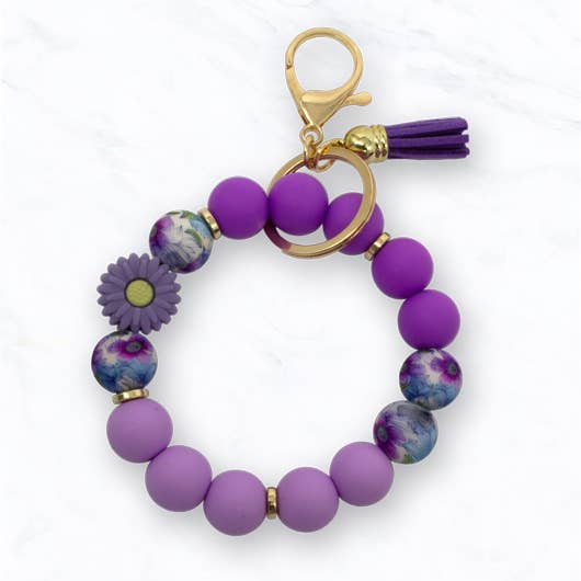 Beaded Daisy Flower Bracelet Keychain: Purple