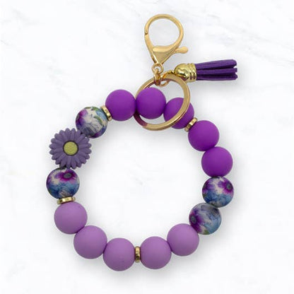 Beaded Daisy Flower Bracelet Keychain: Purple