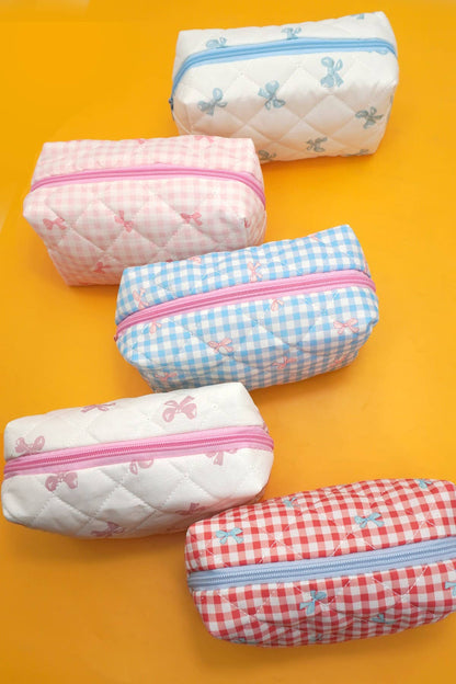 Quilted Cotton Bow Cosmetic Pouch Bag
