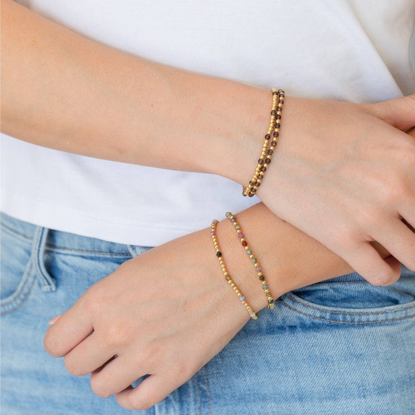 Seafoam: Set/2, 3Mm Bead And Stone Stretch Bracelets