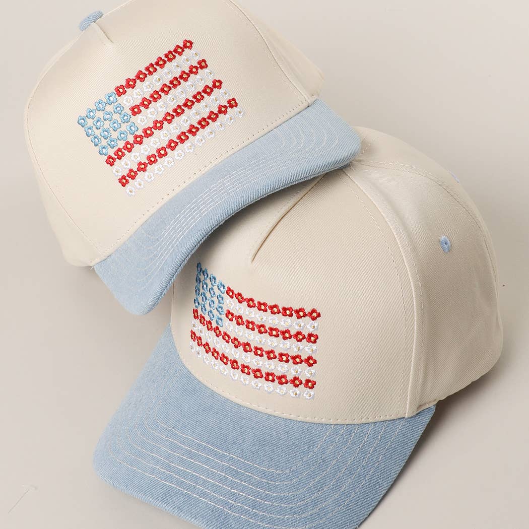 Lt. Denim Floral American Flag Embroidered Two-Tone Denim Trucker Hat