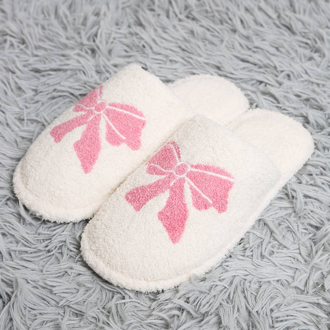Pink Ribbon Bow Print Luxury Soft Home Slipper M/L