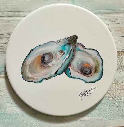 Teal Oysters Round Coaster by Cheryl Zapata Art