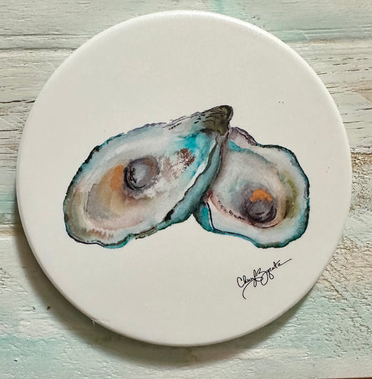 Teal Oysters Round Coaster by Cheryl Zapata Art