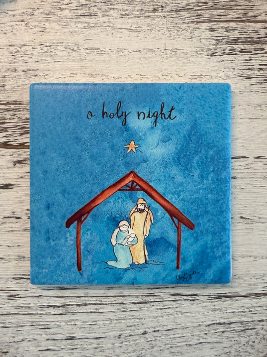 Manger Blue Wash Square Ceramic Coaster by Cheryl Zapata Art