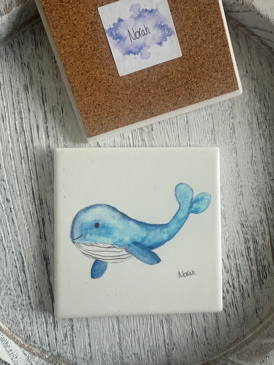 Whale Square Ceramic Coaster by Norah Marie
