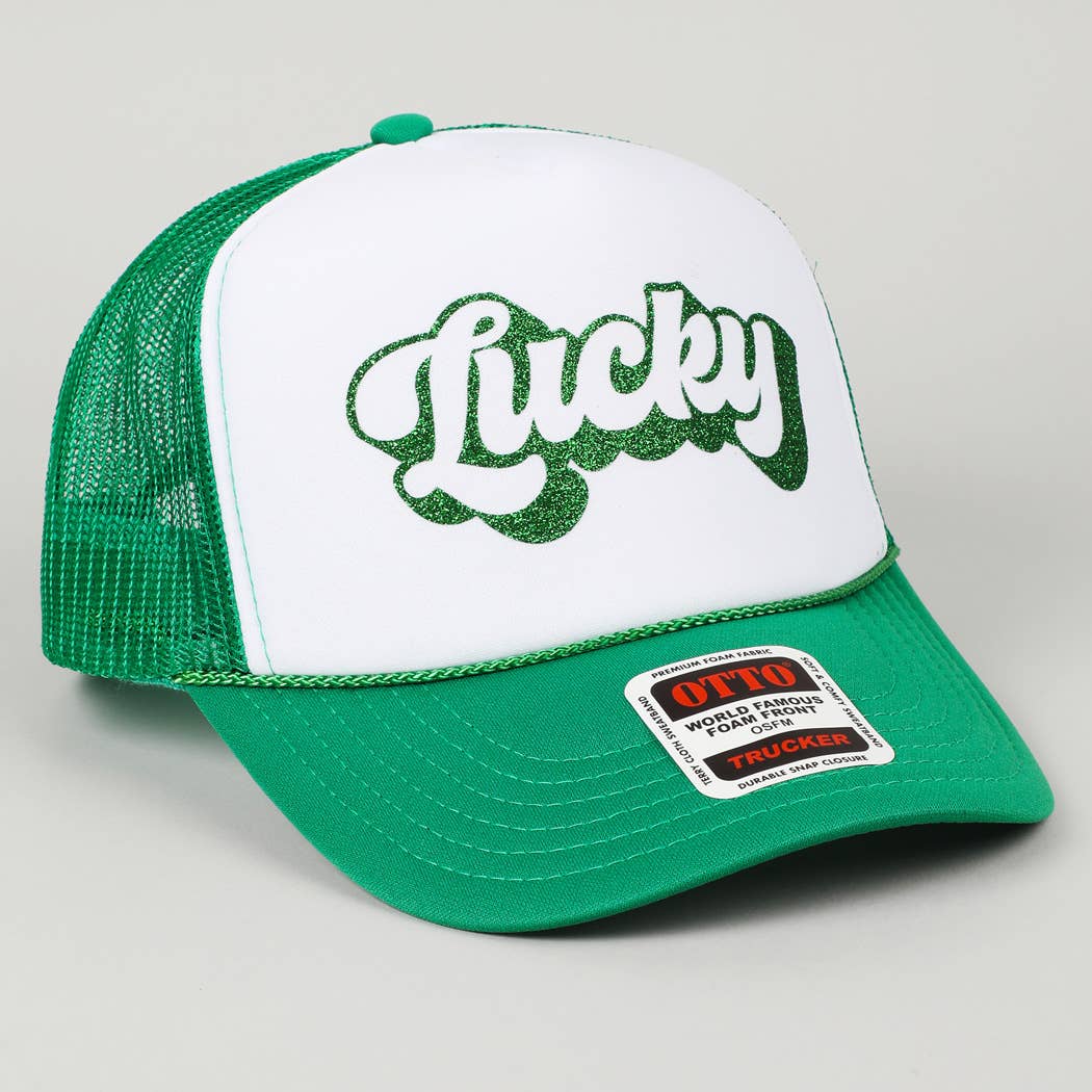 LUCKY Letter Glitter Logo Print Foam Trucker Hat